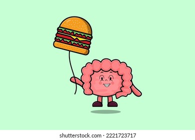 Cute cartoon Intestine floating with burger balloon in flat cartoon vector icon illustration