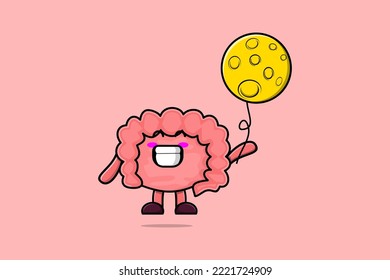 Cute cartoon Intestine floating with moon balloon cartoon vector illustration