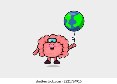 Cute cartoon Intestine floating with world balloon cartoon vector illustration