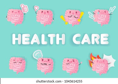 cute cartoon intestine with health care on the green background