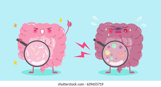 Cute Cartoon Intestine With Healthy Concept On Blue Background