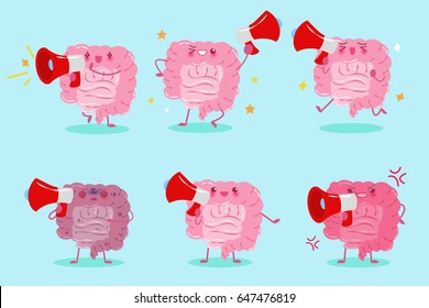 Cute Cartoon Intestine Take Microphone On The Green Background