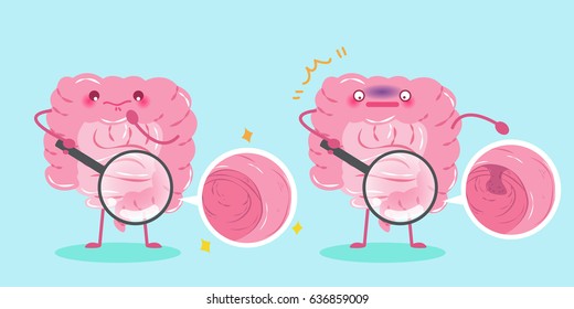 cute cartoon intestine use magnifying to check health concept