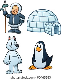 Cute Cartoon Inuit, Igloo, Polar Bear And Penguin. Vector Illustration With Simple Gradients. Each In A Separate Layer.