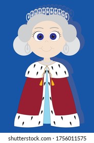 Cute cartoon isolated vector queen of Great Britain Elizabeth II in a blue background svg