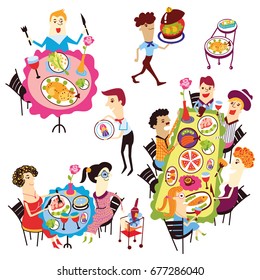 Cute cartoon isometric styles, cartoon character people eating food, restaurant, vector design