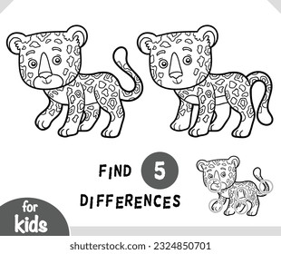 Cute cartoon Jaguar animal, Find differences educational game for children, black and white activity page
