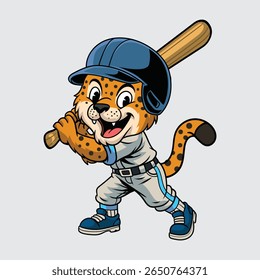 Cute cartoon jaguar in baseball outfit holding a bat in character illustration