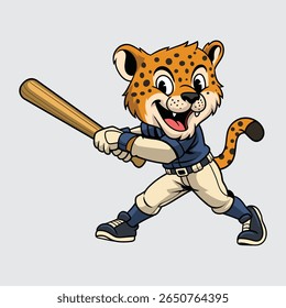 Cute cartoon Jaguar in a baseball uniform holding a bat character illustration