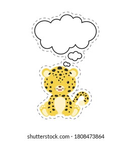 Cute cartoon jaguar with speech bubble sticker. Kawaii character on white background. Cartoon sitting animal postcard clipart for birthday, baby shower, party event. Vector stock illustration.