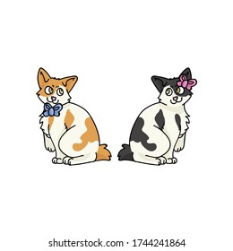 Caricatura de dibujos animados japoneses Bobtail boy y girl kitten vector clipart. Raza de gatito pedigrí para los amantes de los gatos. Sexo de gato calico de Purebred para salón de mascotas con arco. Ilustración de la línea recta EPS 10.