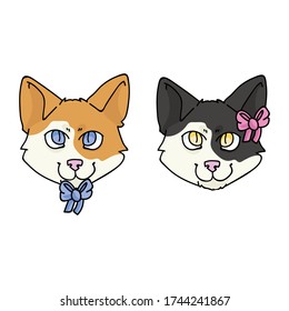 Cute cartoon Japanese Bobtail boy and girl kitten face vector clipart. Pedigree kitty breed for cat lovers. Purebred calico cat gender for pet parlor with bow. Feline illustration EPS 10.