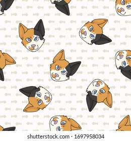 Cute cartoon Japanese bobtail cat face seamless vector pattern. Pedigree kitty breed domestic kitty background. Cat lover Asian purebred all over print. Feline EPS 10. 