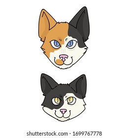 Cute cartoon Japanese Bobtail cat and kitten face vector clipart. Pedigree kitty breed for cat lovers. Purebred calico domestic kitten for pet parlor illustration mascot. Isolated feline. EPS 10.