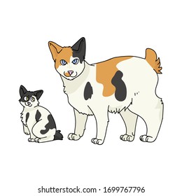 Cute cartoon Japanese Bobtail cat and kitten vector clipart. Pedigree kitty breed for cat lovers. Purebred calico domestic kitten for pet parlor illustration mascot. Isolated feline housecats. EPS 10.