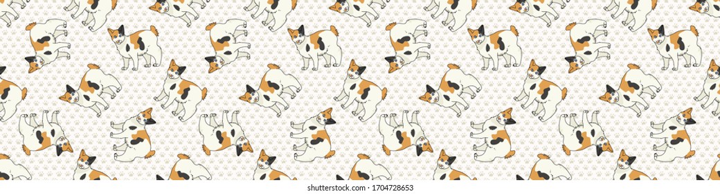 Cute cartoon Japanese bobtail cat seamless border pattern. Pedigree kitty breed domestic kitty background. Cat lover calico purebred washi ribbon. Feline EPS 10 trim. 