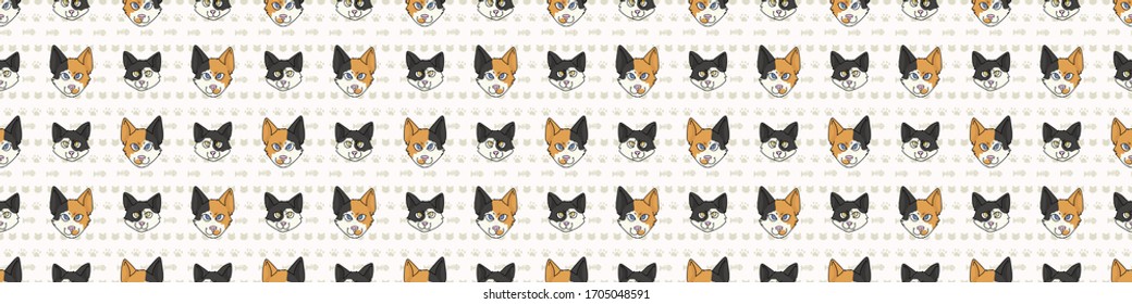 Dibujo animado japonés felino y gatito se enfrentan a un patrón de frontera sin fisuras. Niños de raza gatita de origen doméstico. El amante del gato calico purebred washi ribbon. Guarnecido EPS 10 felino. 