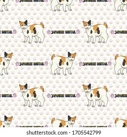 Cute cartoon Japanese bobtail cat with text seamless vector pattern. Pedigree kitty breed domestic kitty background. Cat lover Asian purebred all over print. Feline EPS 10. 