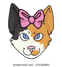 Cute cartoon Japanese Bobtail cat face with pink bow vector clipart. Pedigree kitty breed for cat lovers. Purebred calico domestic kitten for pet parlor illustration mascot. Feline housecat. EPS 10