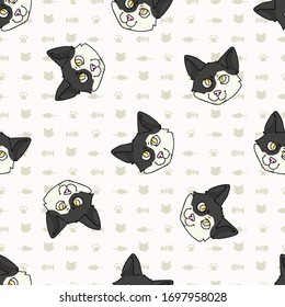 Cute cartoon Japanese bobtail kitten face seamless vector pattern. Pedigree kitty breed domestic cat background. Cat lover Asian purebred all over print. Feline EPS 10. 