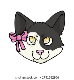 Cute cartoon Japanese Bobtail kitten face with pink bow vector clipart. Pedigree kitty breed for cat lovers. Purebred calico domestic cat for pet parlor illustration mascot. Feline housecat. EPS 10.