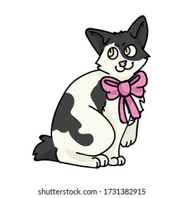 Caricatura tierno kitten de Bobtail japonés con un clíparte vector de arco rosado. Raza de gatito pedigrí para los amantes de los gatos. Gato doméstico de calico de Purebred para mascota de ilustraciones de salón de mascotas. Housecat felino. EPS 10.