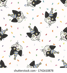 Cute cartoon Japanese bobtail kitten face with party hat seamless vector pattern. Pedigree kitty breed domestic celebration background. Cat lover Asian purebred all over print. Feline EPS 10. 