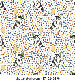 Cute cartoon Japanese bobtail kitten with party hat seamless vector pattern. Pedigree kitty breed domestic celebration background. Cat lover Asian purebred all over print. Feline EPS 10.