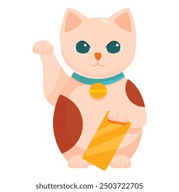 Cute cartoon japanese lucky cat waving its paw holding a gold nugget