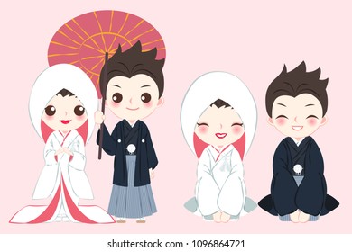 cute cartoon japanese wedding couple on the pink background