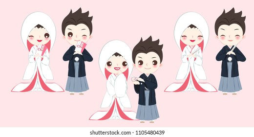 cute cartoon japanese wedding couple on the pink background