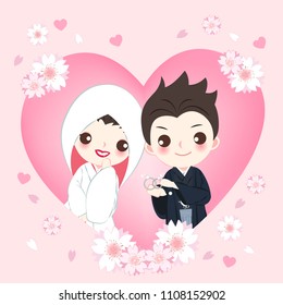 cute cartoon japanese wedding couple on the pink background