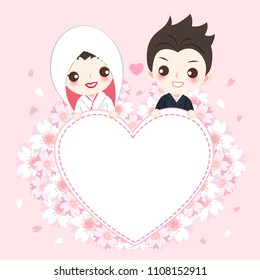 cute cartoon japanese wedding couple on the pink background