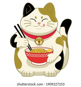 cute cartoon japan's cat eating ramen noodle