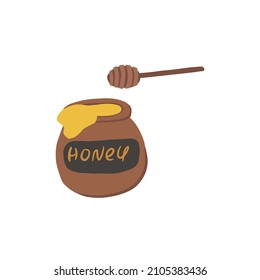 Cute cartoon jar of honey. Sweet treat in pot. Vector illustration in flat style. Isolated illustration on white background