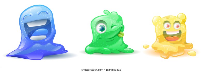 Cute cartoon jelly set. Cartoon litter slime characters set. Slime dribbles and alien slimy. Vector illustration