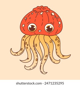 Cute cartoon jellyfish with big eyes. Print on clothes or printed materials. Friendly underwater world. Sea animals for children. Vector illustration for chat bot isolated on transparent background.