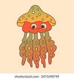 Cute cartoon jellyfish with big eyes. Print on clothes or printed materials. Friendly underwater world. Sea animals for children. Vector illustration for chat bot isolated on transparent background.