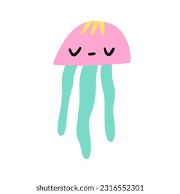 Cute cartoon jellyfish with blue tentacles. Happy flat character. Childish naive vector illustration on white background.