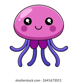 A cute cartoon jellyfish character with a smiling face, pink and purple body, and big shiny eyes. Fun and friendly design perfect for kids, ocean themes, and kawaii artwork.