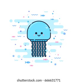 Cute cartoon jellyfish character in a trendy flat thin line style. Great for children toys and apparel, wed design, company logo