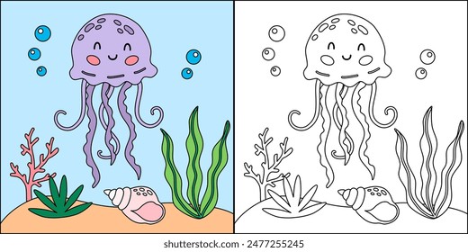 Cute cartoon jellyfish character. Undersea, marine life illustration. Sea animals coloring pages isolated on white background.