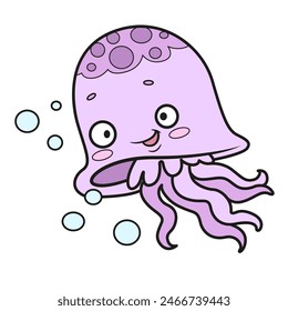 Cute cartoon jellyfish color variation on a white background. Image produced without the use of any form of AI software at any stage.