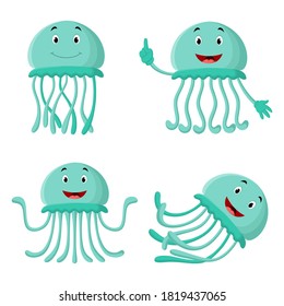 Cute cartoon jellyfish different expression. Vector illustration