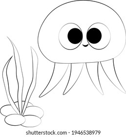 Cute cartoon Jellyfish. Draw illustration in black and white