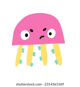 Cute cartoon jellyfish. Evil character. Children's naive vector illustration isolated on white background.