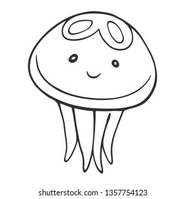 Cute cartoon jellyfish. Hand-drawn underwater world creature. Children's style kawaii. Isolated vector illustration for design, coloring, prints, posters.