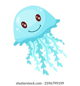 Cute cartoon jellyfish with a happy face, light blue body, and flowing tentacles. Vector illustration isolated on white. Vector illustration