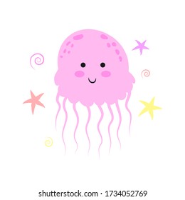 Cute cartoon jellyfish. Illustration for print on baby clothes, books and cards. Flat vector illustration isolated on white background.