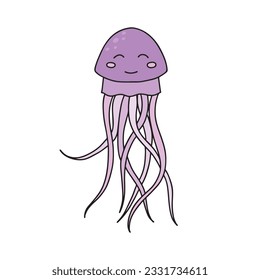 Cute cartoon jellyfish isolated on white background. Children vector illustration in doodle style